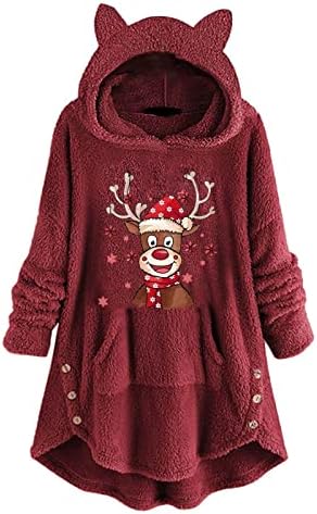 Женско Божиќно руно топло качулка со долги ракави слатки печати лабава џебна џебна маичка јуниори јакна