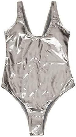 Hot6sl женски костум за капење, едно парче костим за капење жени против вратот Сјајна метална метална облека за пливање во