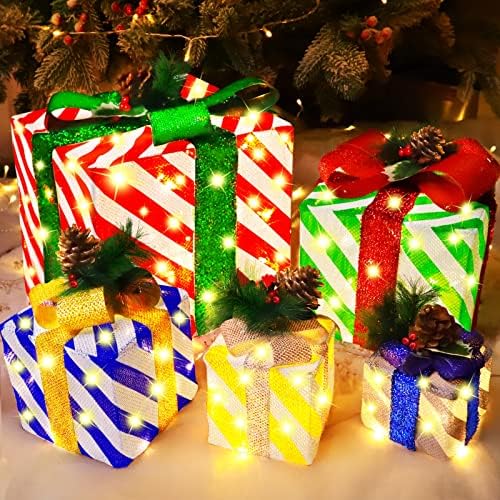 [Екстра големи и 5 пакувања] 12 -10 -8 -7 -6 Божиќни осветлени кутии за подароци украси Адаптер напојувани 80 LED светлосни ленти сегашни кутии