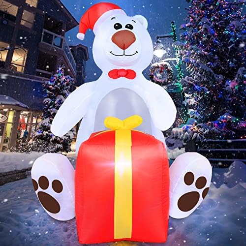Турнмеон 6 метри високи Божиќни надуени декорации на санта поларна мечка на отворено седење со кутија за подароци вградена LED светло разнесе Божиќна декорација над