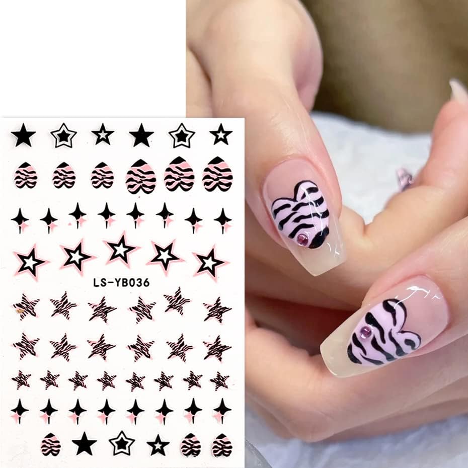 3 листови Starвездени срцеви нокти налепници на црно розово леопард нокти декорации самолепливи материјали за нокти за нокти