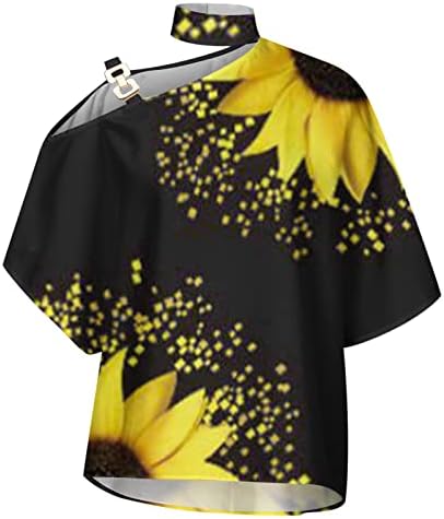 Црни дами ланци блузи со сончогледи, цветни врвови, долги 3/4 Долман ракав Скив врат Спандекс Ноќта на вештерките обични блузи 52 с.
