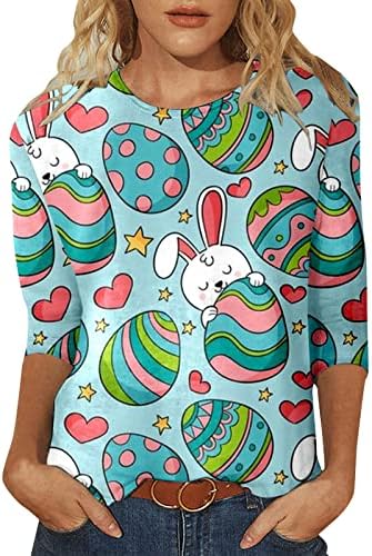 Велигденски кошули за жени 3/4 кошули за ракави за жени трендовски туничен мета обичен цветен печатење памук памучни врвови лабави