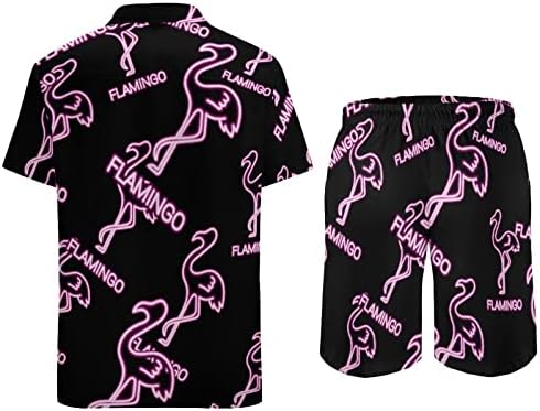 Фламинго неонски светло -светло машко 2 парчиња облека на плажа на хавајски кошула со кратки ракави и костуми за шорцеви