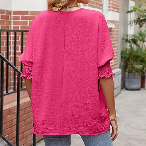 Ausyst жени со цврста боја на црвена боја на вратот лабава плус големина лето лето-обична половина ракав маица пуловер дами елегантна туники