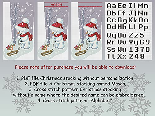 Божиќни чорапи со вкрстени бод модели PDF, персонализирани со име, модерни преброени лесни празнични чорапи DIY, симпатичен снежен