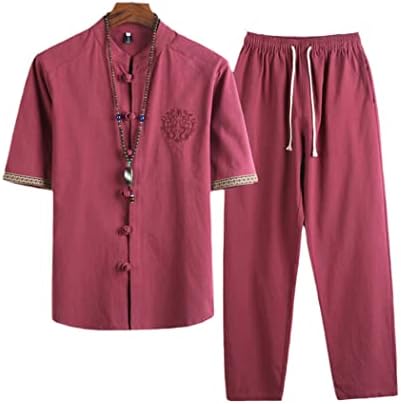 Летен кинески стил Танг костум облека мажи шорцеви таи чи униформа ретро v-врата со кратки ракави панталони сет
