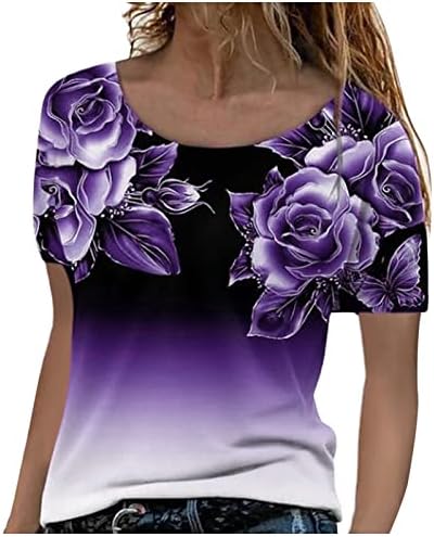 Шарени врвови за печатење на пеперутка за жени, женски обични екипаж вратот кратки ракави маички лето лабава удобна блуза