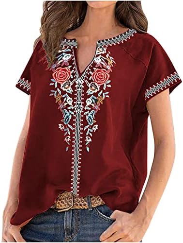 Женски врвови облечени обични мексикански цветни кошула извезена мексиканска селска блуза Мексико летна кошула кратки ракави врвови
