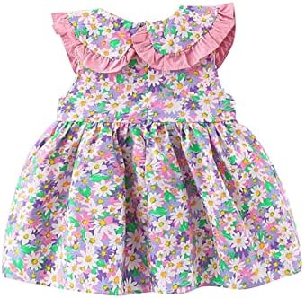 LCZIWO 1-5T Бебе девојче лето фустан без ракави за роденденски фустани Фустани со цвет лак за одмор со сет на слама капа