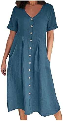 Womenените лето макси фустан обичен v-врат цврст краток ракав копче џеб памучен постелнина маички со маички фустани туничен фустан