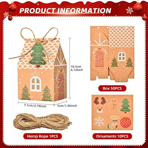 VZCBZC 50 пакувања мини Божиќни бонбони и кутии за колачиња, торби за подароци со 108 парчиња DIY шема и јаже од коноп, креативни