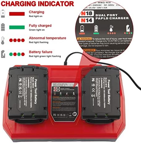 M18 Dual Battery Charger Заменете го Милвоки 6а Брзиот литиум полнач за полнење на 14.4V-18V XC литиум-јонска батерија 48-59-1890 48-59-1812 48-11-1850 48-11-1820 48-11-1835 48-59- 1802 година