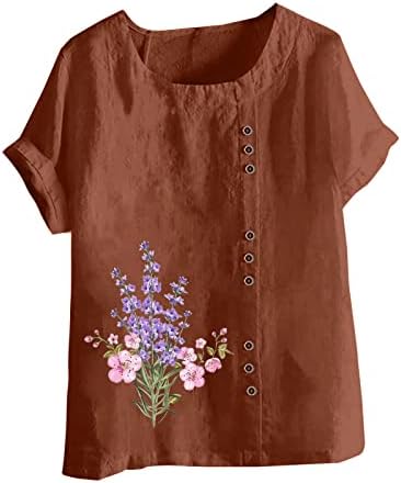Постелнина блузи за жени 2023 летни обични врвови цветни графички печати тунични маички со кратки кошули со кратки ракави