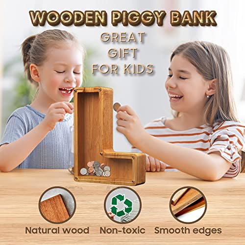 Piggy-Bank за деца момчиња девојчиња големи свинги банки 26 англиска азбука писмо, персонализирана дрвена, транспарентна кутија