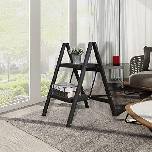 Јуанџими 2 чекор скалила за преклопување на столче со широки анти -лизгачки педали алуминиум преносни лесни скали за кујна за дома и канцеларија - црна