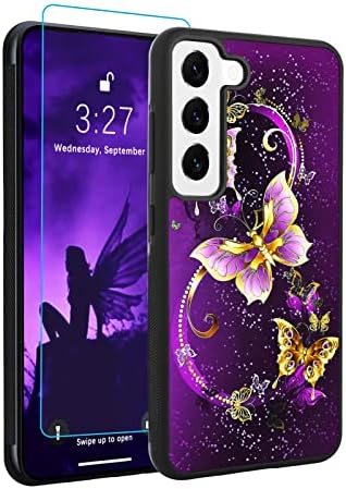 Ок Samsung Galaxy S23 Случај Длабоко Виолетова Пеперутка Маглина Простор Дизајн Тврд КОМПЈУТЕР+Мек Tpu Браник Анти-Лизгачки Ултра