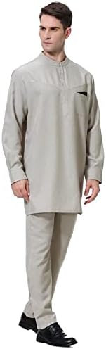 Менс обична муслиманска облека поставува летни удобни цврсти кошули со копчиња со долги ракави и панталони со две парчиња сет -тренер