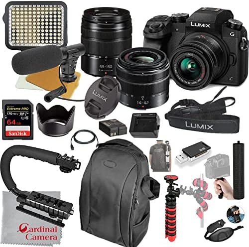 Panasonic Lumix G7 Mirroless камера Со 14-42mm и 45-150mm Леќи-ПРЕДВОДЕНА Видео Светлина + Микрофон + Екстремна Брзина 64gb Меморија