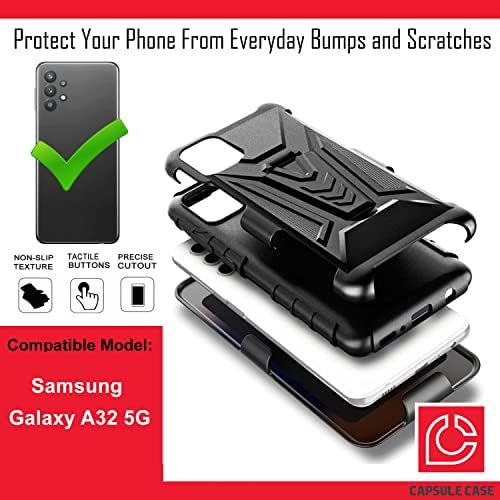 Капсула Случај Компатибилен за Galaxy A32 5G [воено одделение шок -отпорен на тешки клоци на појас на појас, црна обвивка за случај] за Samsung Galaxy A32 5G All Carrier