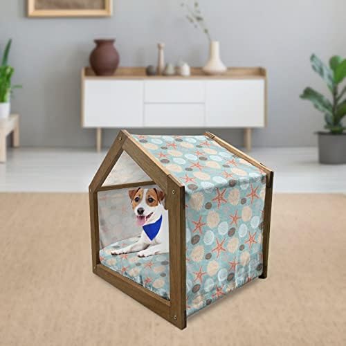 Необична наутичка дрвена куќа за миленичиња, континуирана шема со doodle со лушпи од starвезди и камчиња, преносно кучиња од