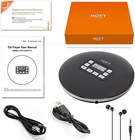 HOTT CD6111T Преносен ЦД плеер со Bluetooth v5.0 слушалки USB кабелски шок-пропорен Walkman CD плеер за автомобил дома-црна боја