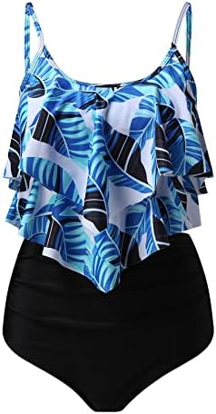 Lcepcy Women Ruched Control Control Control Bathing Suitts Two Piece Ruffle High Weaist Swim Cossuit Beach Top Top Со момчиња шорцеви