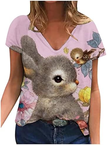 Womenените летни врвови 2023 Велигденска маица симпатична зајаче Краток ракав Туника V вратот лабави кошули Обични маички со маички за блуза