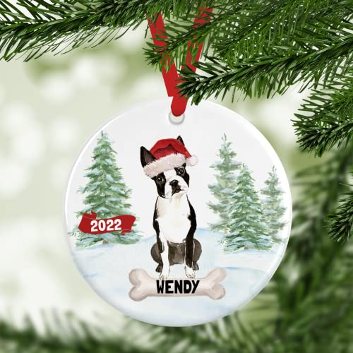 Бостон Териер 2022 Украс За Новогодишна Елка За Кучиња, Персонализиран Украс За Миленичиња Прилагоден со Името На Кучето, Божиќен