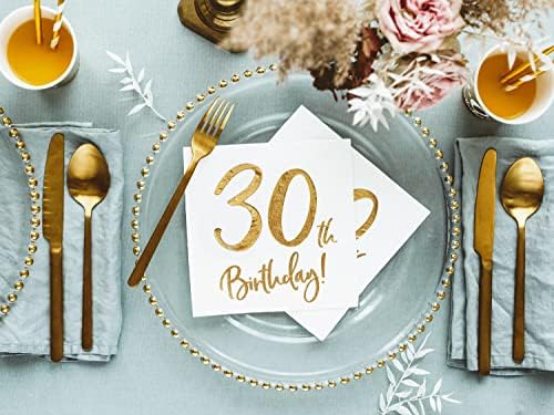 30 -ти роденденски салфетки: Бело и злато од забава Деко - 33 см - 20pk