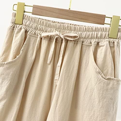 Женски памучни постелнини долги панталони Обични цврсти бои права панталони Еластични половини се протегаат широки панталони за нозе