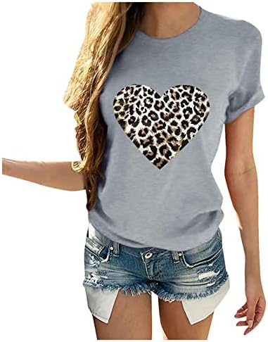 Жените Леопард Срцето Маица Денот На Вљубените Краток Ракав Кошули Каузална О-Вратот Блузи Љубов Срце Печатење Блуза Графички Маици