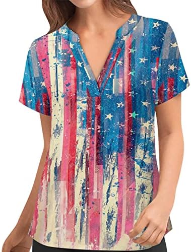4 -ти јули SCRUBS_TOPS FOR WOMENS AMERICAN знаме за печатење маици Гроздобер кратки ракави Ден на независност Патриотски врв