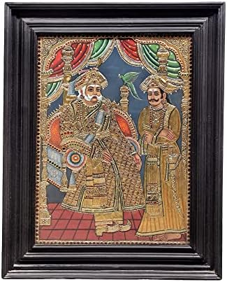 Егзотична Индија 23 x 29 Кралот Танјоре Сликање | Традиционални бои со 24к злато | Рамка од тиково дрво | Злато и ву