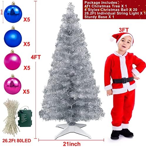 Турнир 4 ft Вештачка декорација на новогодишна елка со тајмер DIY 80 топли светла 20 топчести украси 8 режими батерија оперирана