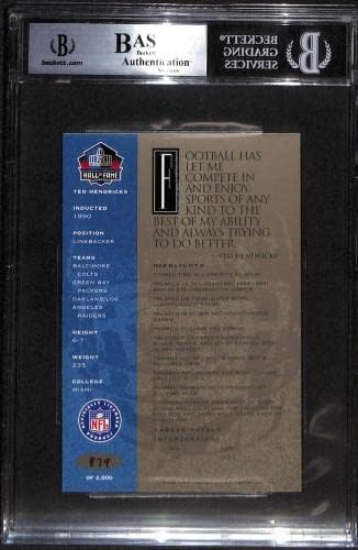 40 Тед Хендрикс - 1998 година Рон Микс Хоф Платинум Автоматски фудбалски картички оценети BGS Auto - автограмирани фудбали