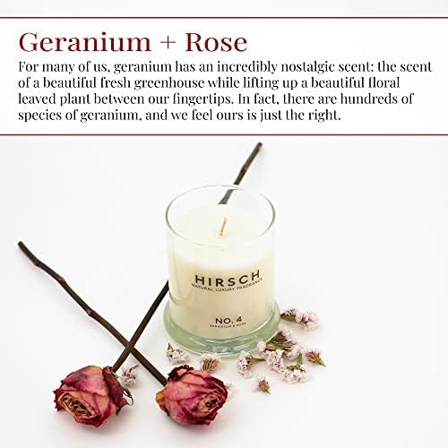Hirsch природен луксузен мирисен свеќа | Направено со сите природни масла за мирис | 60 часа горат време | Памук фитил | Гераниум + роза