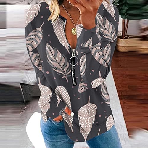 Есенски модни врвови жени полу -патент пуловер џемпери лабави каузален пердув печати туника врвна кошула со долги ракави дуксери