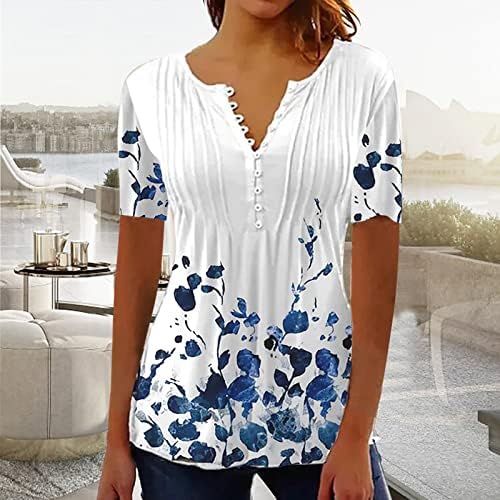 Lcepcy женски елегантна маица со копче V вратот, собрани кошули, цветни печати блуза за кратки ракави 2023 лето лабава туника врвови