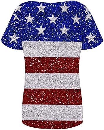 Маици за жени со краток ракав 4 -ти јули патриотски печатен V врат Врв трендовски проточни блузи кошули Обични маички со маички