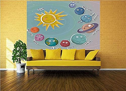 77x55 инчи wallид uralид, симпатична цртана рунда сонце и планети на соларен систем Забава небесна табела бебе деца детска