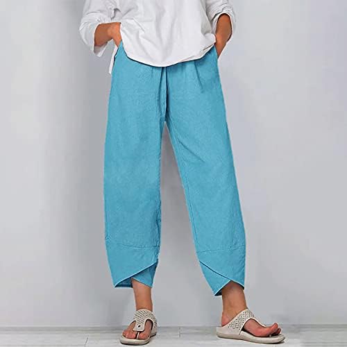 Zhuyou женски летни памучни постелнини панталони Обични еластични половини широки нозе харем пантолони со лесни шипки исечени панталони