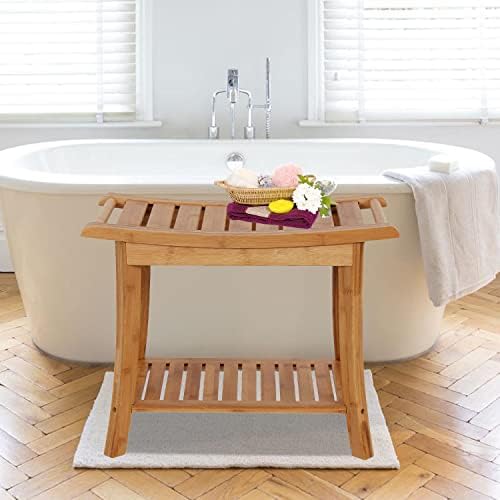 Кинфант бања бамбус клупа за туширање - столче за туширање бања со полица за складирање, дрвено седиште за внатре во туш
