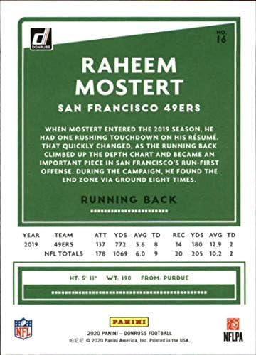 2020 ДОНРУС #16 Рахем Мостерт Сан Франциско 49ерс НФЛ Фудбалска картичка НМ-МТ