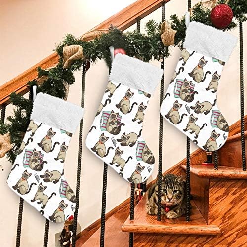 Божиќни чорапи на Ензенон Персонализирани сијамски мачки сиви симпатична кадифена кадифена манжетна голема Дедо Мраз виси украси
