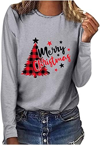 Среќни Божиќни врвови за жени со долги ракави пуловер маица Бафало карирано божено дрво графички џемпер есен Y2K облека