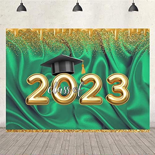 Ticuenicoa 7x5ft Зелена И Златна 2023 Дипломирање Партија Позадина Црна Диплома Капа И Златен Банер Класа на 2023 Честитки Дипломирања