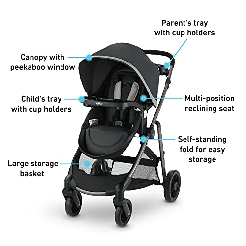 Систем за патувања на елементи на Грако, вклучува шетач за бебиња со реверзибилно седиште, дополнително складирање, детска послужавник