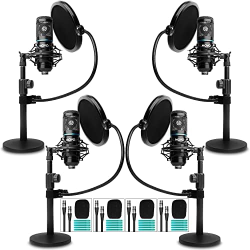 Movo 4-Pack Universal XLR Podcast Microphone Bundle- Вклучува 4 кардиоидни кондензаторски мики, десктоп микрофон, поп филтри, монтирани шок