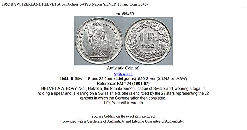 1952 CH 1952 B Швајцарија Хелветија го симболизира швајцарскиот Нати 1 франк добро неизвесен